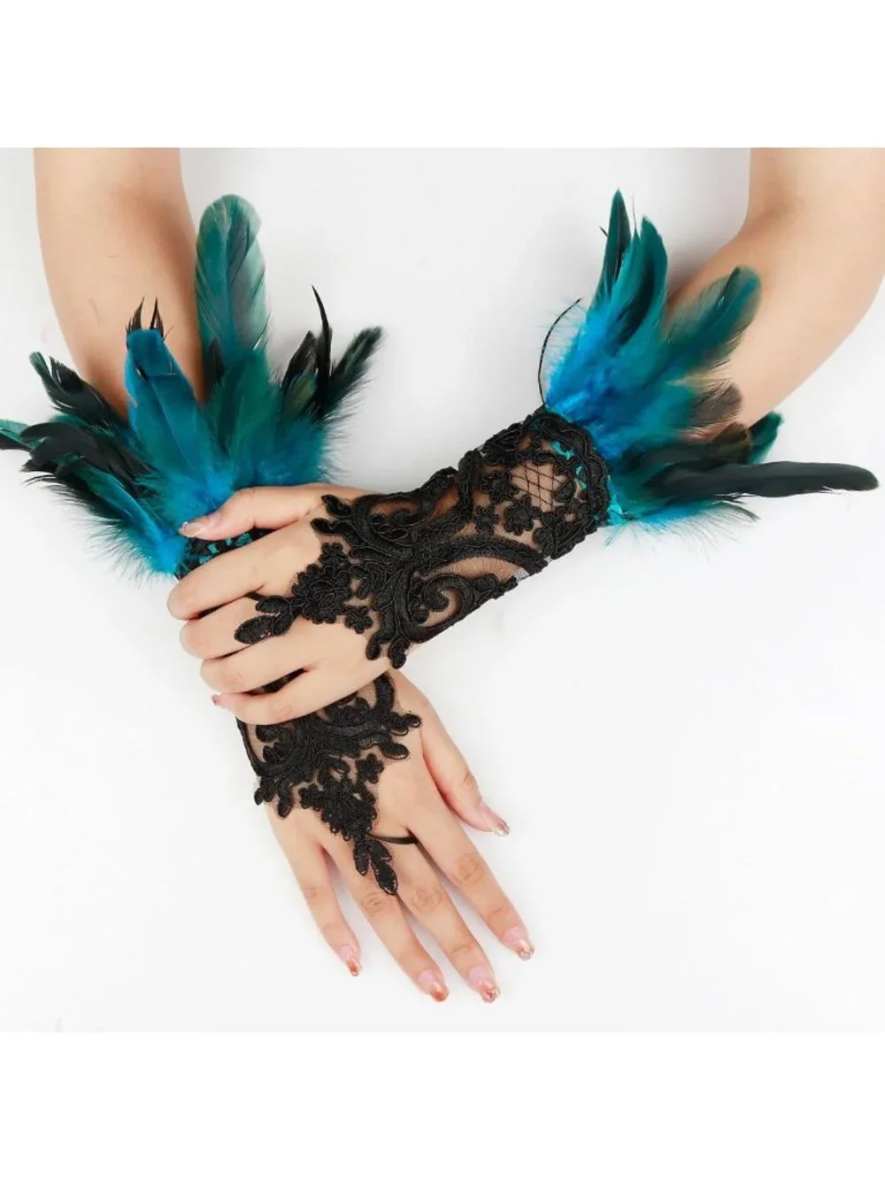 Gothic Black Lace Feather Long Gloves for Women - Halloween Witch Costume